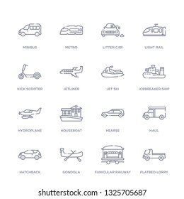 set of 16 thin linear icons such as flatbed lorry, funicular railway, gondola, hatchback, haul, hearse, houseboat from transportation collection on white background, outline sign icons or symbols