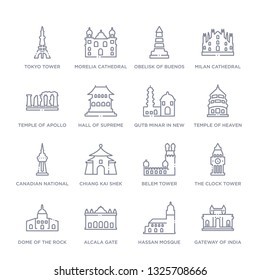 set of 16 thin linear icons such as gateway of india, hassan mosque, alcala gate, dome of the rock, the clock tower, belem tower, chiang kai shek memorial hall from monuments collection on white