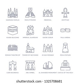 set of 16 thin linear icons such as castle of the holy angel in rome, al shaheed monument, abu simbel, ejer baunehoj, moia statues, id kah mosque, tower of nevyansk in russia from monuments