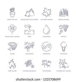 set of 16 thin linear icons such as flower of leaves, two roses, flower bouquet, fire flame, led bulb, fengshui, savannah from nature collection on white background, outline sign icons or symbols