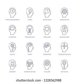 set of 16 thin linear icons such as initiative, failure, opportunities, memory, concentration, dreaming, mind from brain process collection on white background, outline sign icons or symbols