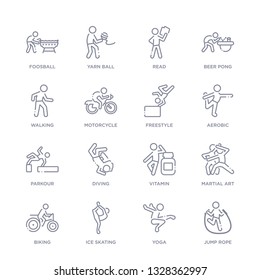 set of 16 thin linear icons such as jump rope, yoga, ice skating, biking, martial art, vitamin, diving from activity and hobbies collection on white background, outline sign icons or symbols
