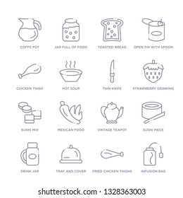 set of 16 thin linear icons such as infusion bag, fried chicken thighs, tray and cover, drink jar, sushi piece, vintage teapot, mexican food from bistro and restaurant collection on white