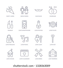 set of 16 thin linear icons such as just married, love birds, love calendar, love house, key, lock, music from birthday party collection on white background, outline sign icons or symbols