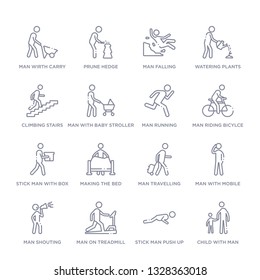 set of 16 thin linear icons such as child with man, stick man push up, man on treadmill, man shouting, with mobile phone, travelling, making the bed from behavior collection on white background,