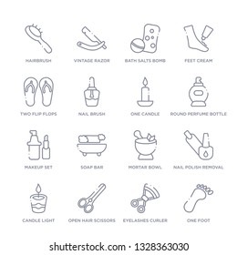 set of 16 thin linear icons such as one foot, eyelashes curler, open hair scissors, candle light, nail polish removal, mortar bowl, soap bar from beauty collection on white background, outline sign