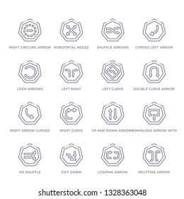 set of 16 thin linear icons such as splitting arrow, looping arrow, exit down, no shuffle, download arrow with line, up and down arrows, right curve from arrows collection on white background,