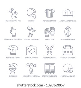 set of 16 thin linear icons such as football helmet, sportive lockers, american football cheerleader jump, barbecue, stadium cylinder, football medal, game planning from american collection on white
