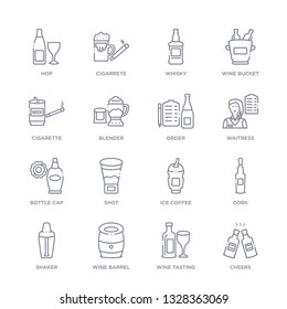 set of 16 thin linear icons such as cheers, wine tasting, wine barrel, shaker, cork, ice coffee, shot from alcohol collection on white background, outline sign icons or symbols