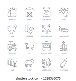 set of 16 thin linear icons such as vegetable, vegetables, sheep, silo, farmer, chicken coop, ox from agriculture farming collection on white background, outline sign icons or symbols