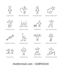 set of 16 thin linear icons such as tightrope walker man, jumping man, juggler man, family circus stunt giant acrobat man from circus collection on white background, outline sign icons or symbols