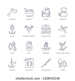 set of 16 thin linear icons such as trees, fishing rod, gasoline, fishing, swiss army knife, bonfire, gas from camping collection on white background, outline sign icons or symbols