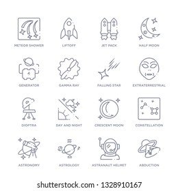 set of 16 thin linear icons such as abduction, astranaut helmet, astrology, astronomy, constellation, crescent moon, day and night from astronomy collection on white background, outline sign icons