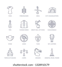 set of 16 thin linear icons such as oriental pearl tower, dragon, carps, temple of heaven, sky lantern, yuan, jiaozi from asian collection on white background, outline sign icons or symbols