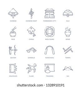 set of 16 thin linear icons such as sai, training, claw, knuckles, tonfa, nunchaku, sandals from asian collection on white background, outline sign icons or symbols