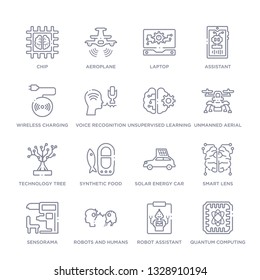 set of 16 thin linear icons such as quantum computing, robot assistant, robots and humans, sensorama, smart lens, solar energy car, synthetic food from artificial intellegence collection on white
