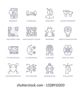 set of 16 thin linear icons such as evaluation, exoskeleton, eye tracking, face recognition, field of view, flyboard, future brain from artificial intellegence collection on white background,