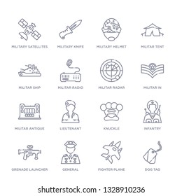 set of 16 thin linear icons such as dog tag, fighter plane, general, grenade launcher, infantry, knuckle, lieutenant from army and war collection on white background, outline sign icons or symbols