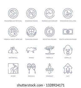 set of 16 thin linear icons such as hut, pendant, maraca, river, gorilla, marula, rhino from africa collection on white background, outline sign icons or symbols