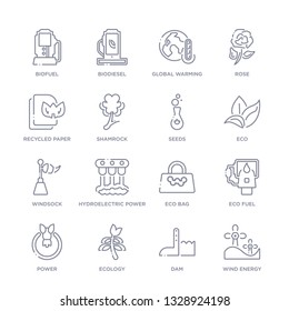 set of 16 thin linear icons such as wind energy, dam, ecology, power, eco fuel, eco bag, hydroelectric power station from ecology collection on white background, outline sign icons or symbols