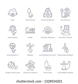 set of 16 thin linear icons such as eco energy power, recycling, tree with hearts, global recycling, renewable energy, sustainable factory, energy from ecology collection on white background,
