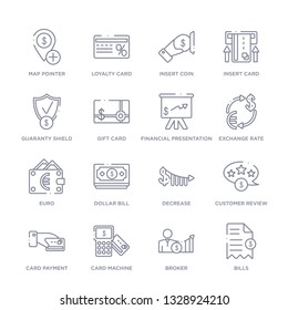 set of 16 thin linear icons such as bills, broker, card machine, card payment, customer review, decrease, dollar bill from ecommerce and payment collection on white background, outline sign icons or