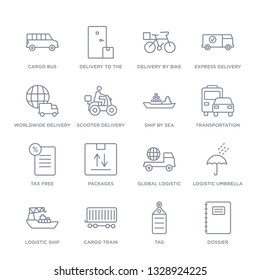 set of 16 thin linear icons such as dossier, tag, cargo train, logistic ship, logistic umbrella, global logistic, packages from delivery and logistic collection on white background, outline sign