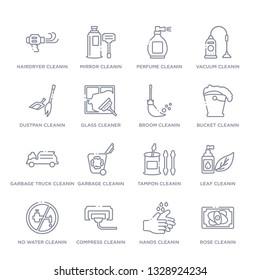 set of 16 thin linear icons such as rose cleanin, hands cleanin, compress cleanin, no water leaf tampon garbage cleanin from cleaning collection on white background, outline sign icons or symbols