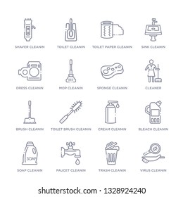 set of 16 thin linear icons such as virus cleanin, trash cleanin, faucet cleanin, soap bleach cream toilet brush cleanin from cleaning collection on white background, outline sign icons or symbols
