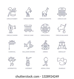 set of 16 thin linear icons such as diabolo, aerial ring, acrobat, acrobatics, aerialist, arena, balloon sword from circus collection on white background, outline sign icons or symbols
