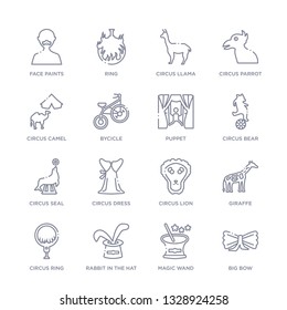 set of 16 thin linear icons such as big bow, magic wand, rabbit in the hat, circus ring, giraffe, circus lion, circus dress from collection on white background, outline sign icons or symbols