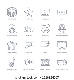 set of 16 thin linear icons such as slide projector, slow motion, sound effect, soundtrack, storyboard, studio, subtitle from cinema collection on white background, outline sign icons or symbols