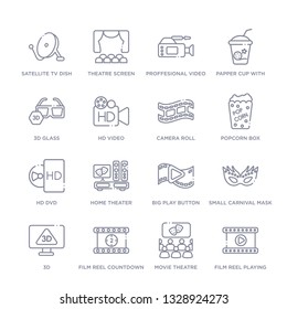 set of 16 thin linear icons such as film reel playing, movie theatre, film reel countdown number 2, 3d, small carnival mask, big play button, home theater from cinema collection on white background,