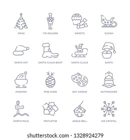 set of 16 thin linear icons such as ice crystal, jingle bell, mistletoe, north pole, nutcracker, oat cookie, pine cone from christmas collection on white background, outline sign icons or symbols