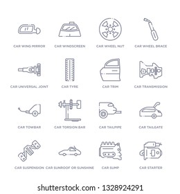 conjunto de 16 iconos lineales delgados, como el motor de arranque de camión, el puente de camión, el techo corredizo o el techo soleado de camión, la suspensión, el portón trasero, el tubo de escape, la barra de torsión de la colección de piezas sobre fondo blanco, iconos de señalización de contorno o