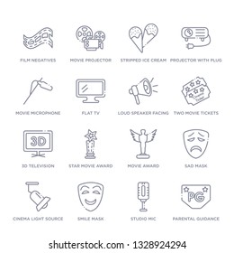 set of 16 thin linear icons such as parental guidance, studio mic, smile mask, cinema light source, sad mask, movie award, star movie award from cinema collection on white background, outline sign