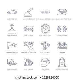 set of 16 thin linear icons such as car distributor cap, car door, car engine, exhaust, fan, fan belt, fascia (british) from parts collection on white background, outline sign icons or symbols