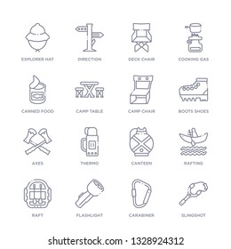set of 16 thin linear icons such as slingshot, carabiner, flashlight, raft, rafting, canteen, thermo from camping collection on white background, outline sign icons or symbols