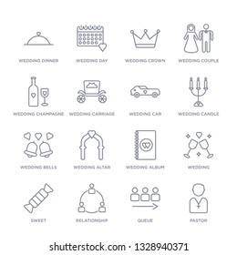 set of 16 thin linear icons such as pastor, queue, relationship, sweet, wedding, wedding album, wedding altar from birthday party collection on white background, outline sign icons or symbols
