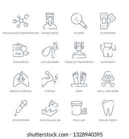 Set Of 16 Thin Linear Icons Such As Molar Tooth, Pills Jar, Acid Falling On Hand, Eye Dropper, Skull And Bone, Dead, Strong From Medical Collection On White Background, Outline Sign Icons Or Symbols