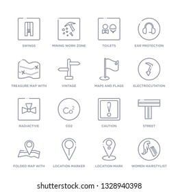 set of 16 thin linear icons such as women hairstylist, location mark, location marker, folded map with position mark, street, caution, co2 from maps and flags collection on white background, outline