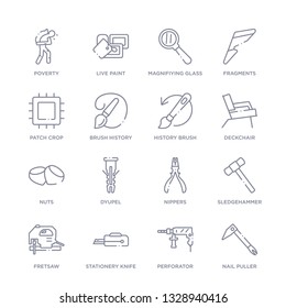 set of 16 thin linear icons such as nail puller, perforator, stationery knife, fretsaw, sledgehammer, nippers, dyupel from general collection on white background, outline sign icons or symbols