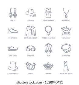 set of 16 thin linear icons such as neckline dress, diadem, fiance, cylinder hat, barrette, tux, cat eyes from fashion collection on white background, outline sign icons or symbols