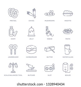 set of 16 thin linear icons such as boiler, slot, butcher, scale balanced tool, water glass, butter, hamburguer from food collection on white background, outline sign icons or symbols