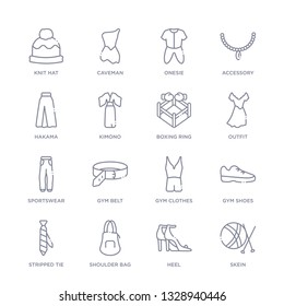 set of 16 thin linear icons such as skein, heel, shoulder bag, stripped tie, gym shoes, gym clothes, gym belt from fashion collection on white background, outline sign icons or symbols