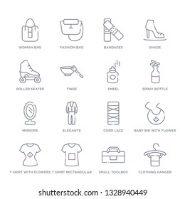 set of 16 thin linear icons such as clothing hanger, small toolbox, t shirt rectangular neck, t shirt with flowers, baby bib with flower de, cord lace, elegante from fashion collection on white