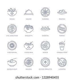 set of 16 thin linear icons such as luosifen, oyster omelette, shuizhu, noodle soup, chinese food, guotie, chow mein from food collection on white background, outline sign icons or symbols svg