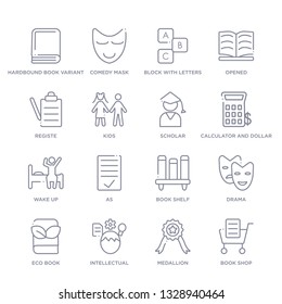 set of 16 thin linear icons such as book shop, medallion, intellectual, eco book, drama, book shelf, as from education collection on white background, outline sign icons or symbols