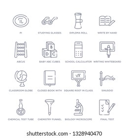set of 16 thin linear icons such as final test, biology microscope, chemistry funnel, chemical test tube, sinusoid, square root in class, closed book with marker from education collection on white