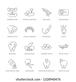 set of 16 thin linear icons such as tooth filling, tooth with metallic root, toothache, toothpaste tube, white teeth, wisdom tooth, apicoectomy from dentist collection on white background, outline